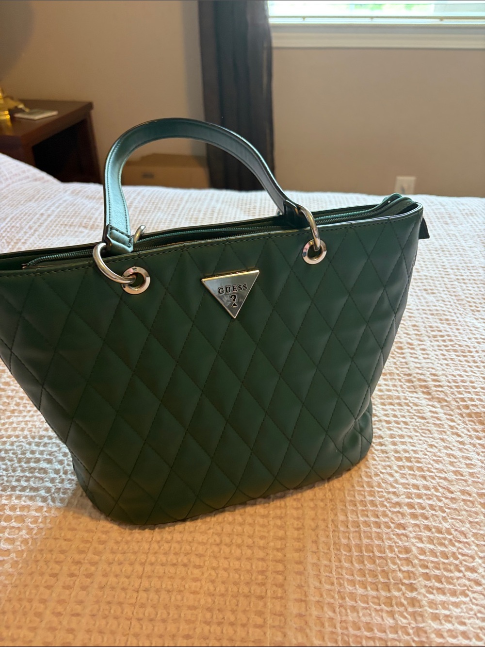 GUESS Quilted Emerald Green Tote with Silver Accents